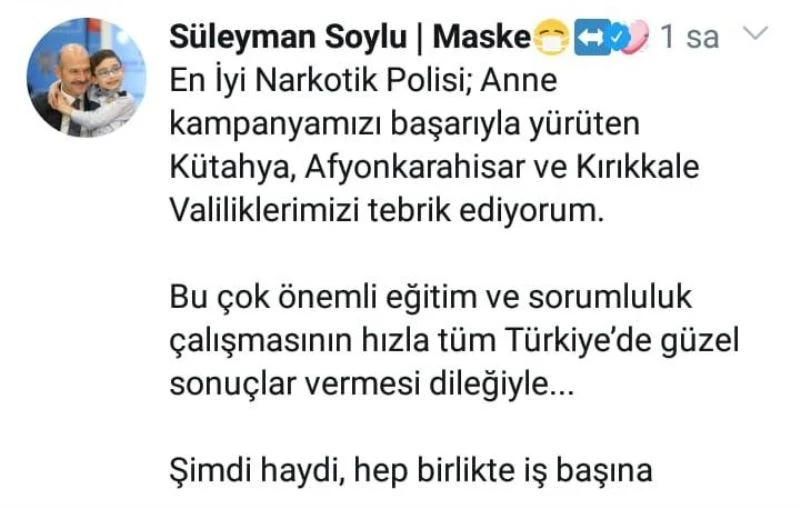 Bakan Soylu: “Afyonkarahisar Valiliğini tebrik ediyorum”
