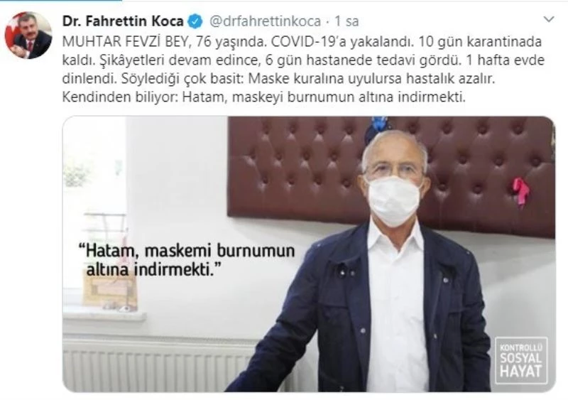 Sağlık Bakanı Koca, Ispartalı muhtarı paylaşıp, örnek gösterdi
