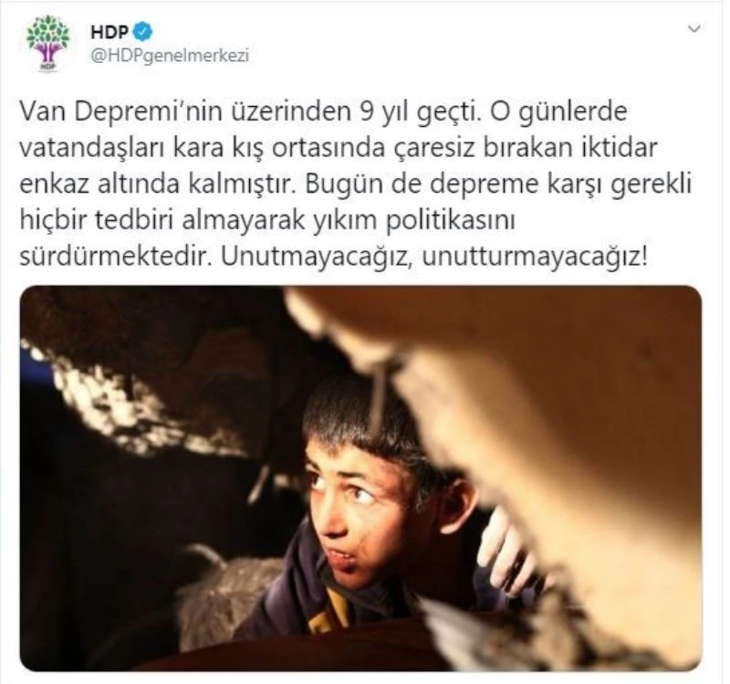 HDP’nin Van depremine ilişkin provokatif paylaşımına İçişleri Bakanlığından tokat gibi cevap
