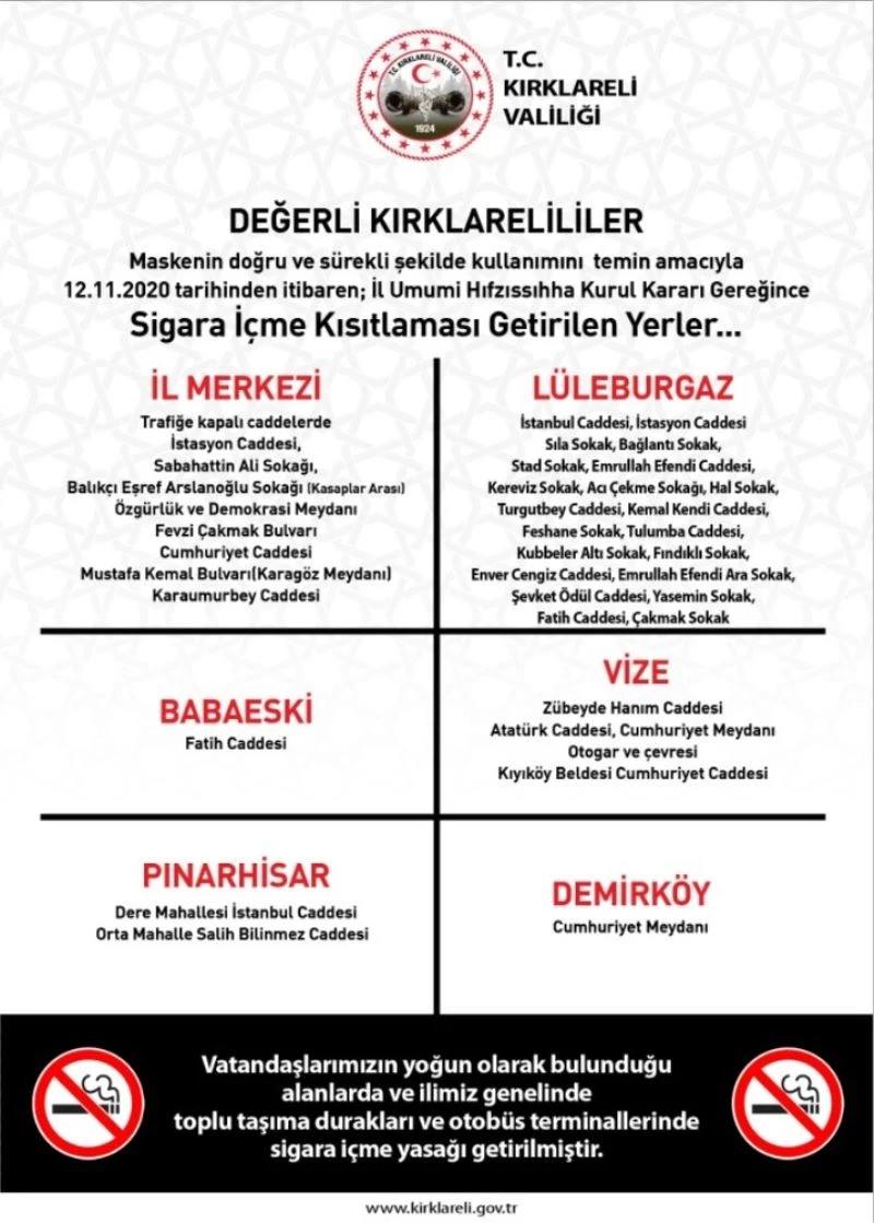 Kırklareli genelinde sigara içme kısıtlaması getirilen yerler duyuruldu
