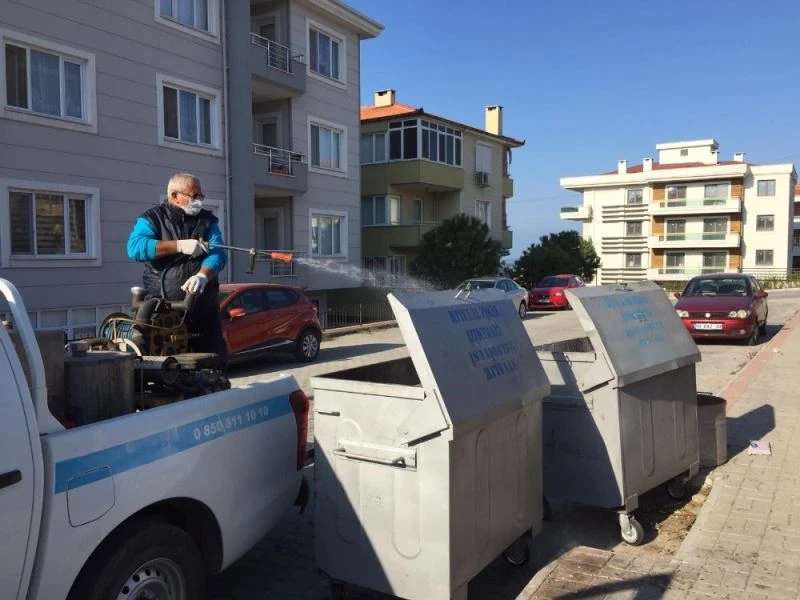 Ayvalık’ta çam ağaçları ve çöp konteynerleri ilaçlandı
