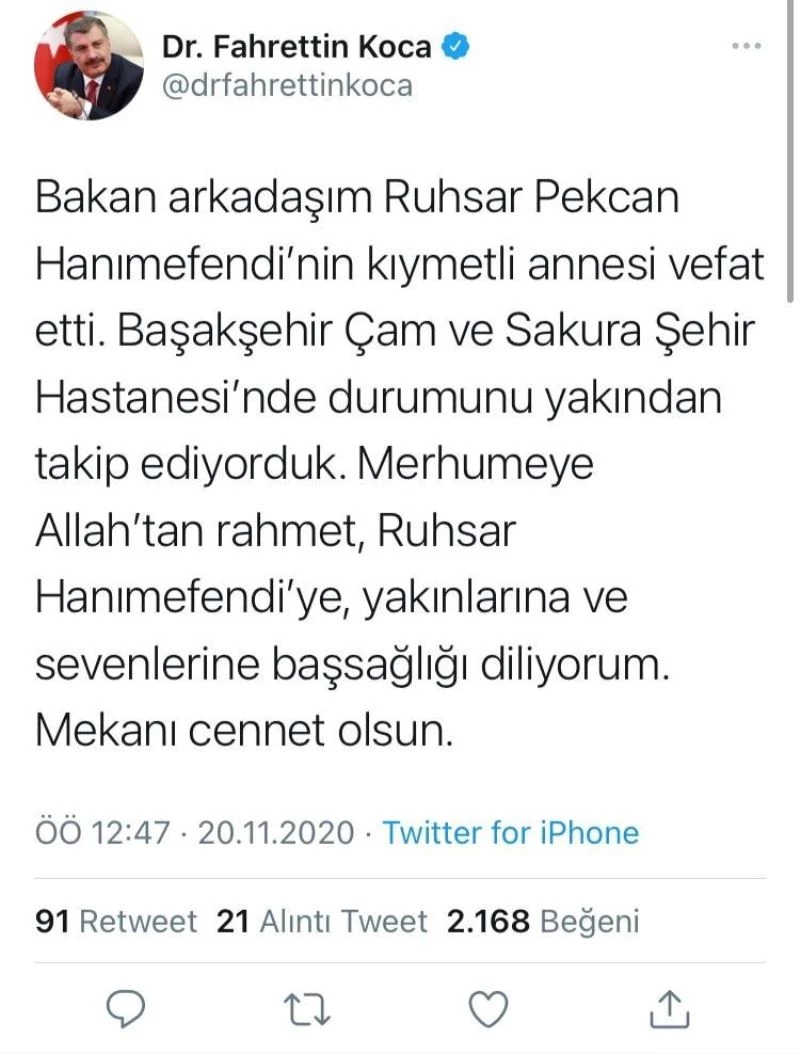Ticaret Bakanı Ruhsar Pekcan’ın annesi vefat etti
