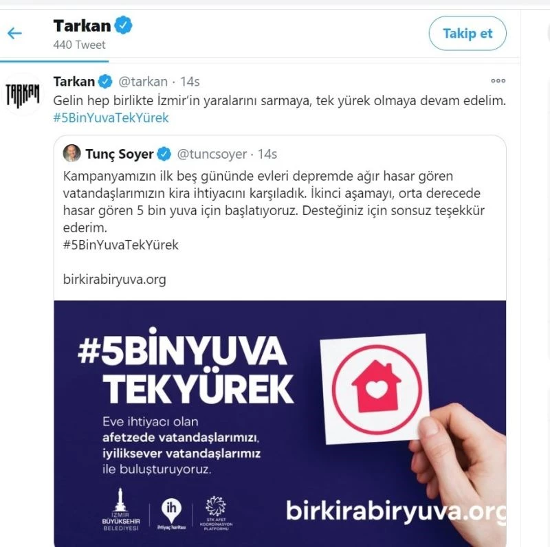 Ünlü sanatçı Tarkan’dan İzmir depremi için destek çağrısı
