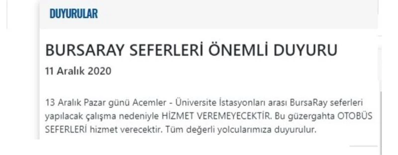 BursaRay çalışma saatlerine kısıtlama ve bakım düzenlemesi
