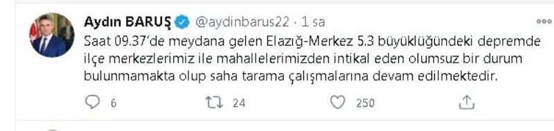 Malatya Valisi Baruş: “Depremle ilgili olumsuzluk yok”
