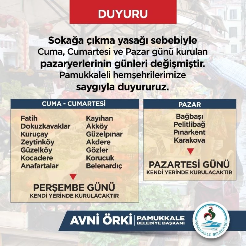 Pamukkale’de pazarların günü değişti
