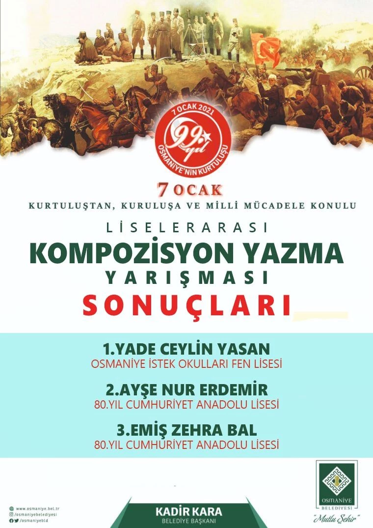 OSMANİYE BELEDİYESİ TARAFINDAN DÜZENLENEN KOMPOZİSYON YAZMA YARIŞMASI SONUÇLANDI