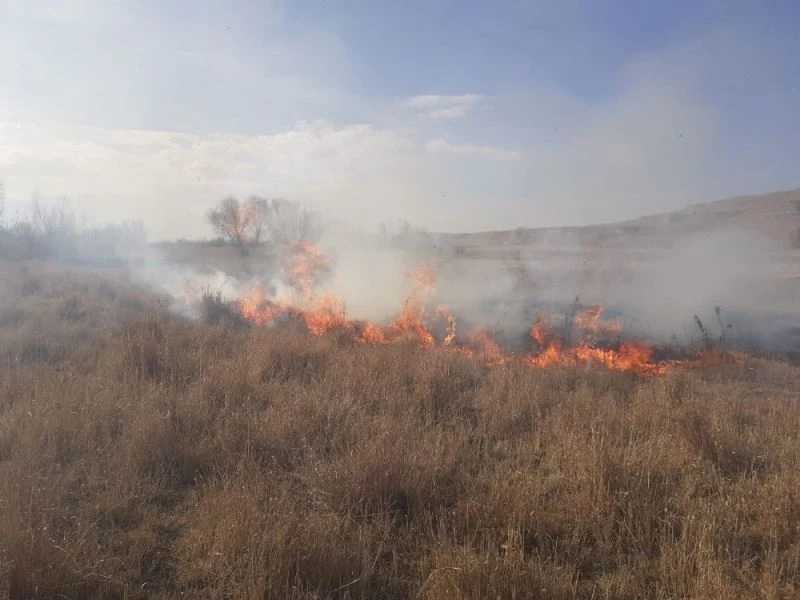 Gürpınar’da kuruyan otlar alev alev yandı

