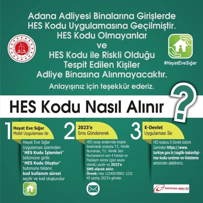 Adana Adliyesinde HES kodu uygulaması başlıyor
