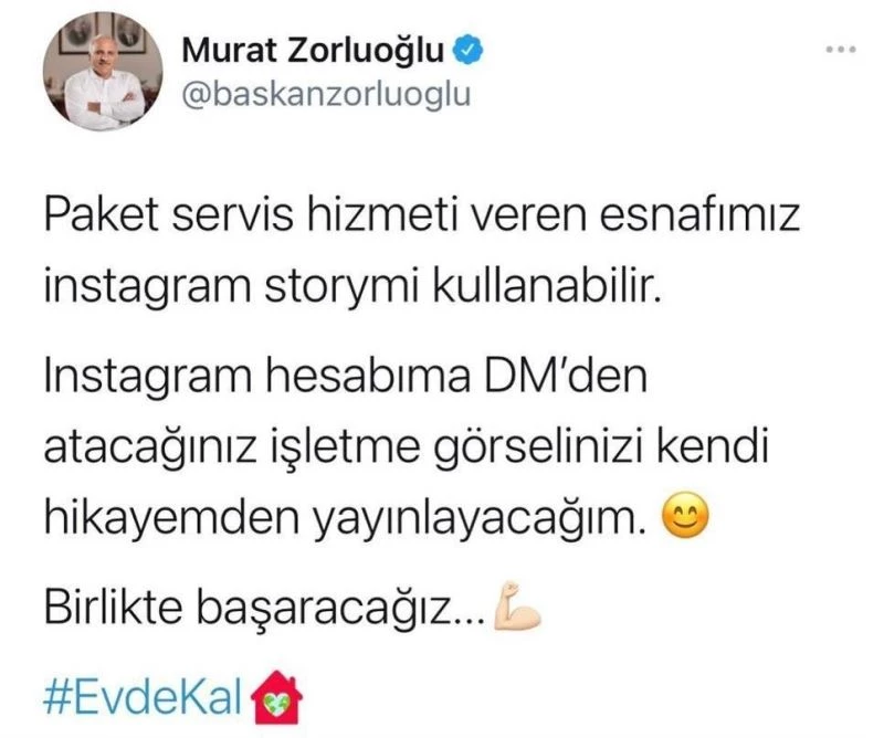 Başkan Zorluoğlu, paket servis yapan işletmeleri sosyal medya hesabından paylaşarak esnafa destek verdi
