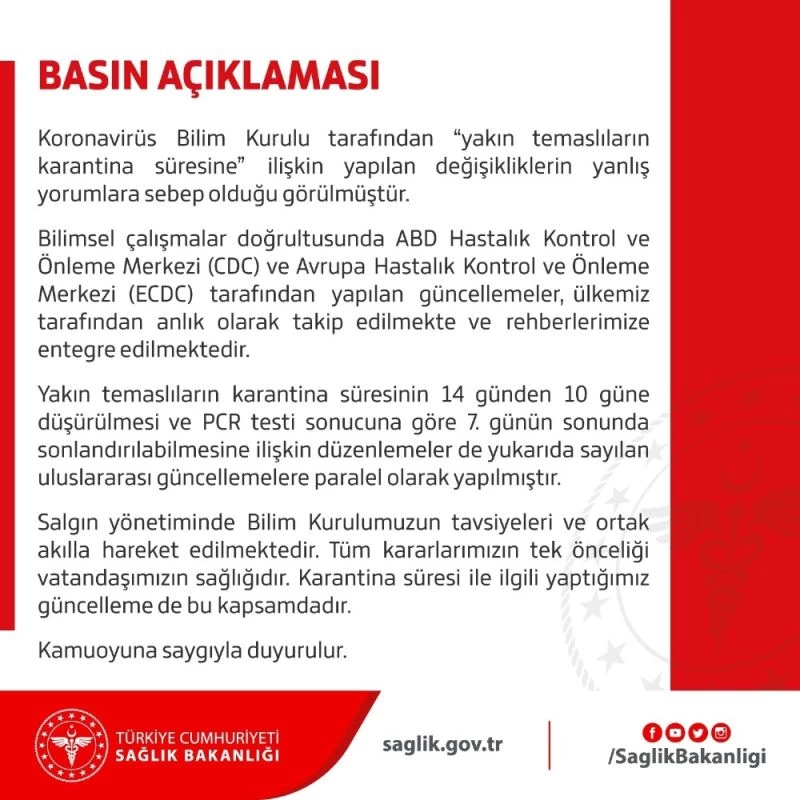 Sağlık Bakanlığından ’yakın temaslıların karantina süresine’ ilişkin yeni açıklama
