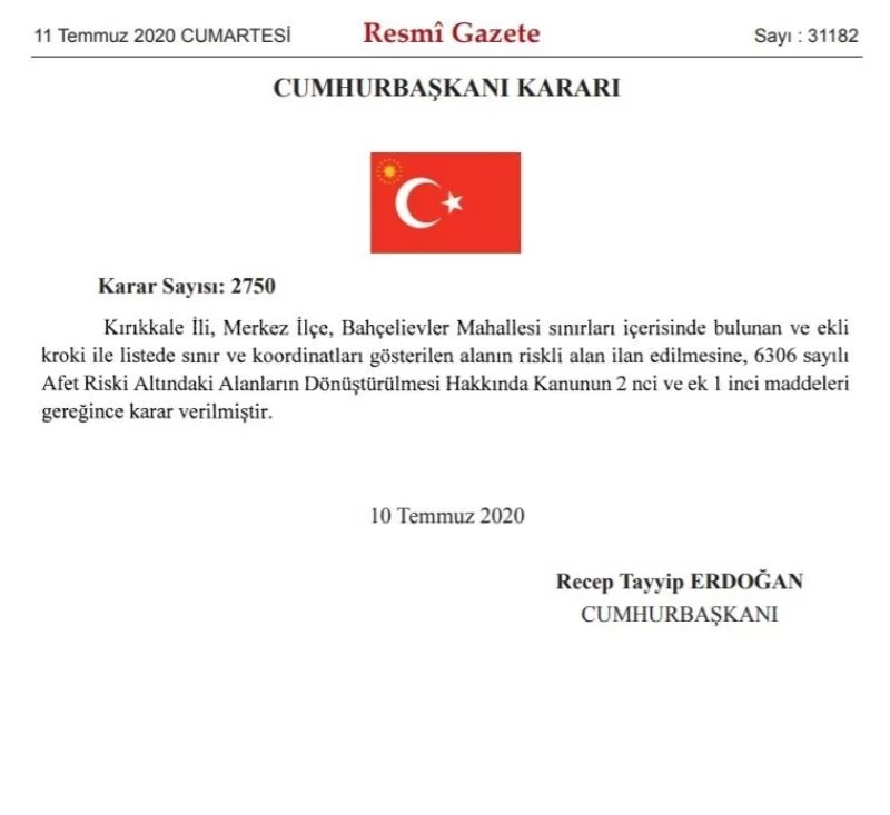 Cumhurbaşkanı Erdoğan’ın imzasıyla Kırıkkale’deki bir alan riskli bölge ilan edildi
