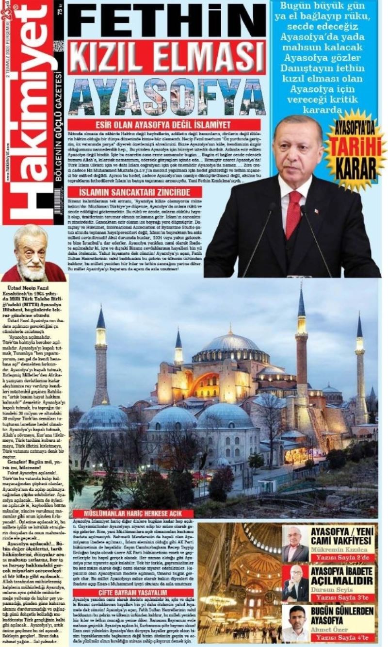 Konya’da yayın yapan gazete tam sayfasını ‘Ayasofya’ya ayırdı
