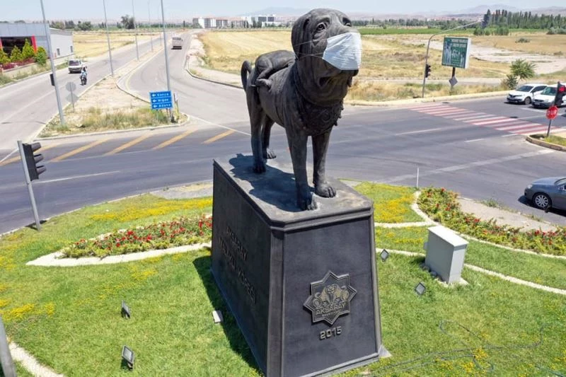 Aksaray’da farkındalık için köpek heykeline maske takıldı
