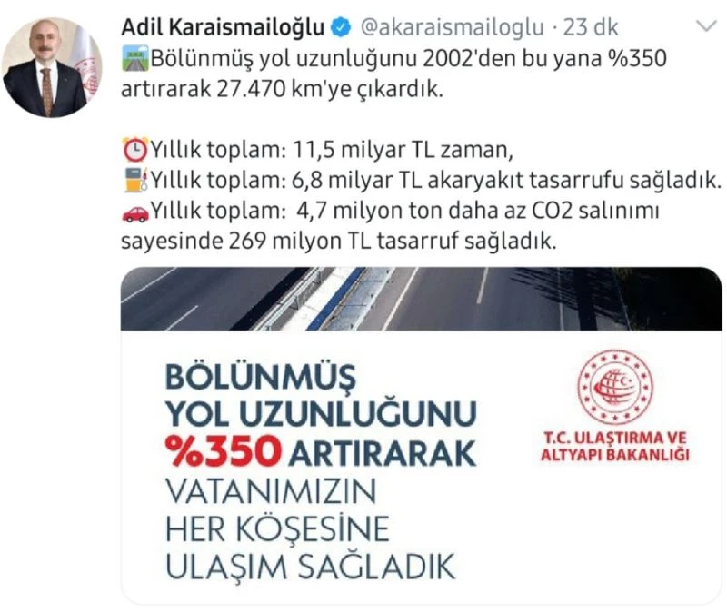 Bölünmüş yollar 18 yılda yüzde 350 kat arttı
