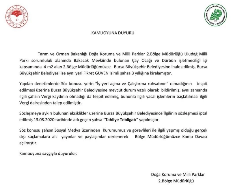 Milli Parklar’dan Bakacak çay ocağı işletmecisi hakkında açıklama
