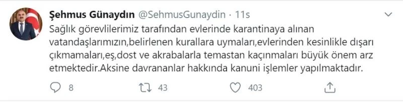 Vali uyardı, karantinaya uymayanlar hakkında kanuni işlem yapılacak
