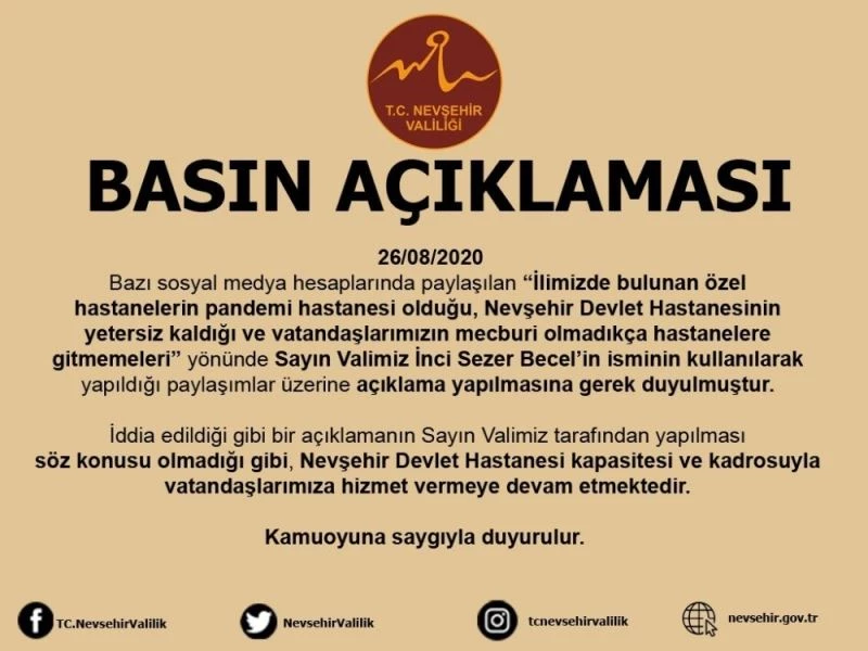 Nevşehir Valiliği sosyal medyada yayılan paylaşımları yalanladı
