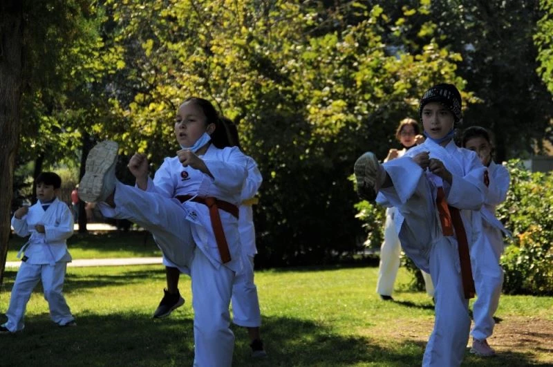 Öğrencileri için parkı karate sınıfına çevirdi
