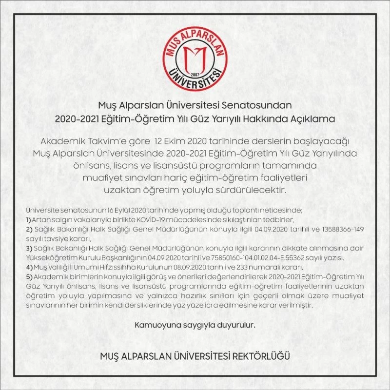 MŞÜ Senatosu 2020-2021 eğitim-öğretim yılı güz yarıyılı kararını açıkladı
