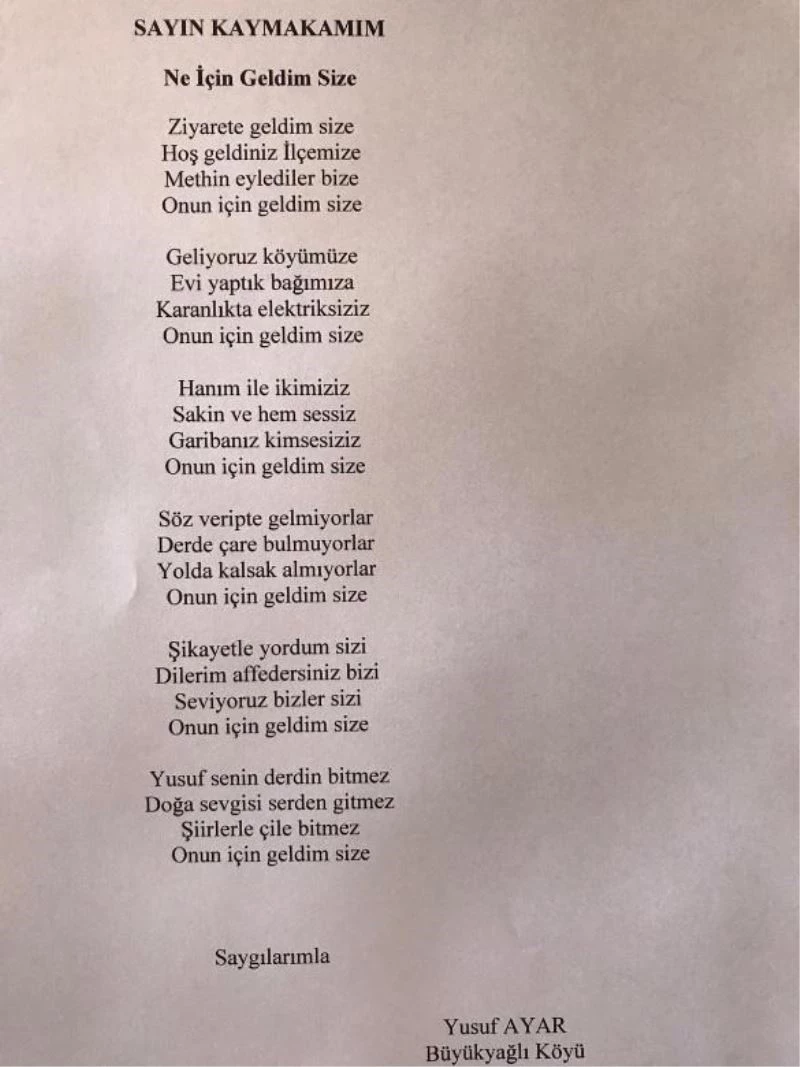 Elektrik aboneliği için kaymakama dilekçe yerine şiir yazdı
