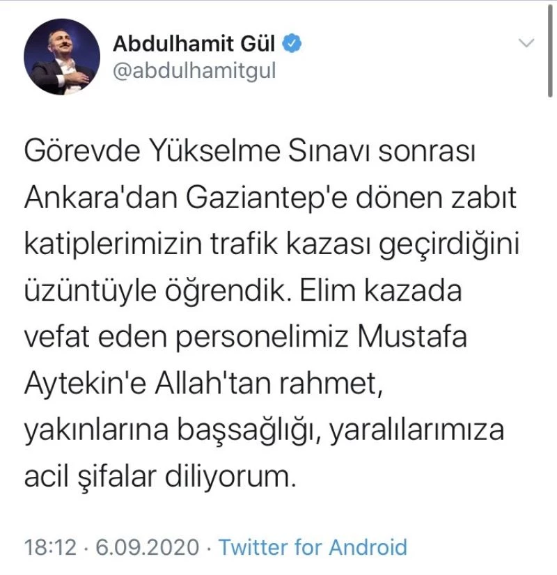 Bakan Gül’den trafik kazasında hayatını kaybeden zabıt katibi için başsağlığı mesajı
