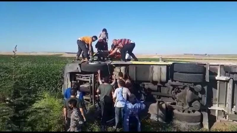 Tır tarlaya devrildi, sürücünün kurtarılma anı kameraya yansıdı
