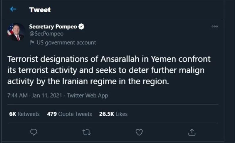 ABD Dışişleri Bakanı Pompeo: “ABD, Husiler’i terör örgütü olarak tanımayı planlıyor”
