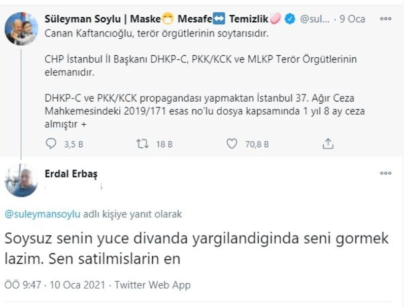 Bakan Soylu’ya hakaret içerikli sözlerle saldıran şahsı Bakırköy Adliyesi serbest bırakmış
