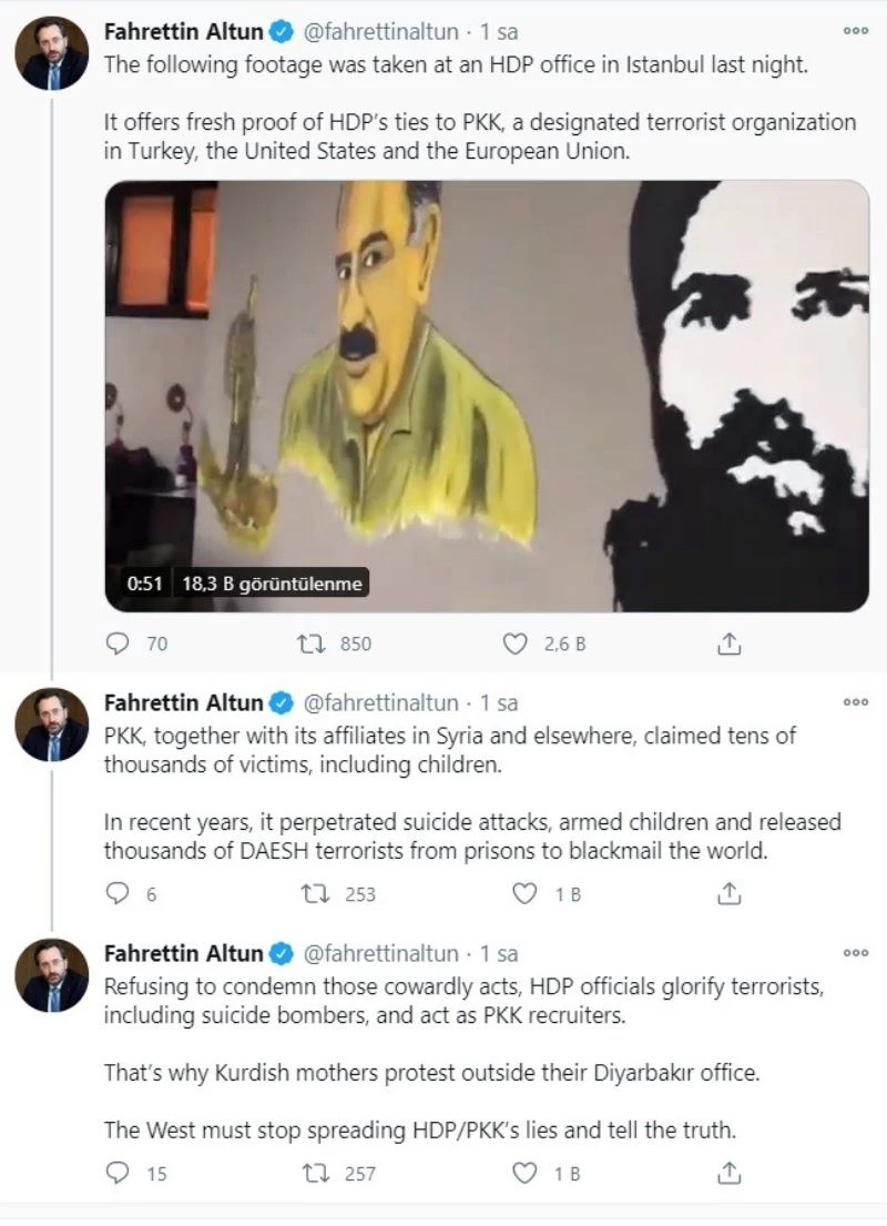 Cumhurbaşkanlığı İletişim Başkanı Altun: “Batı, HDP/PKK yalanlarını yaymayı bırakmalı ve gerçeği söylemeli”
