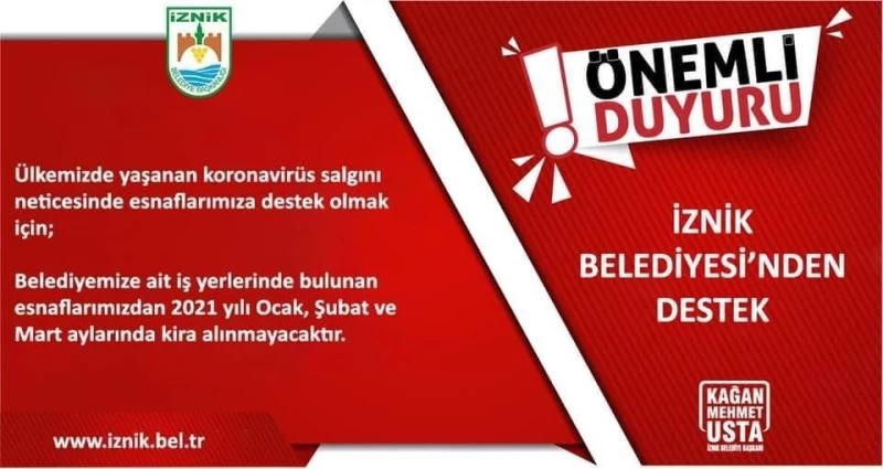 İznik Belediyesi 3 ay kira almayacak
