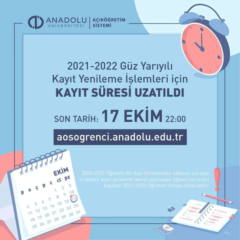 Açıköğretim’de kayıt yenileme için son fırsat 17 Ekim
