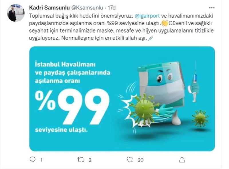 İstanbul Havalimanı’nda çalışanların aşılanma oranı yüzde 99’a ulaştı
