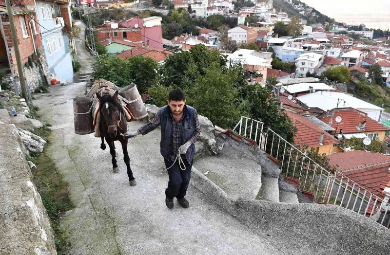 Belediye atla malzeme taşıyıp yol yapıyor
