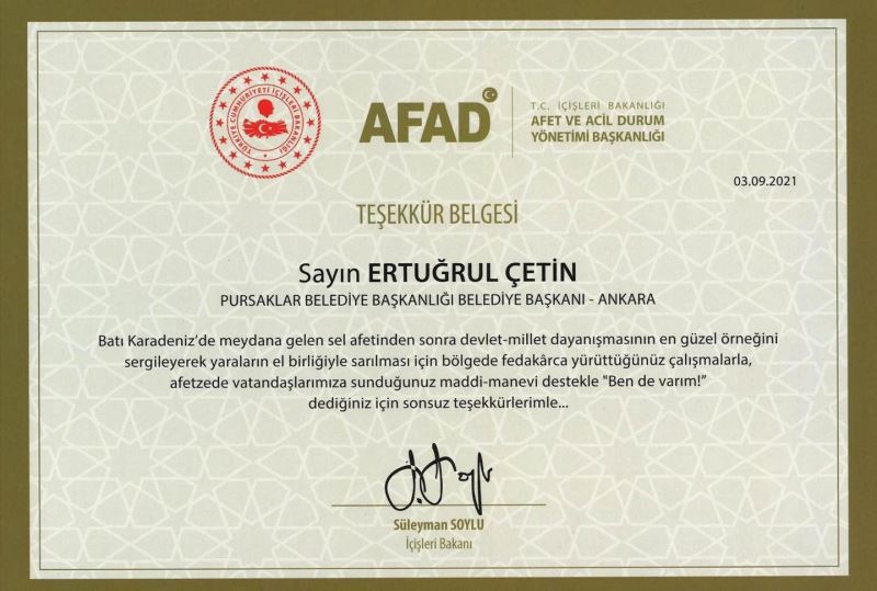 Bakan Süleyman Soylu’dan, Başkan Ertuğrul Çetin’e teşekkür belgesi
