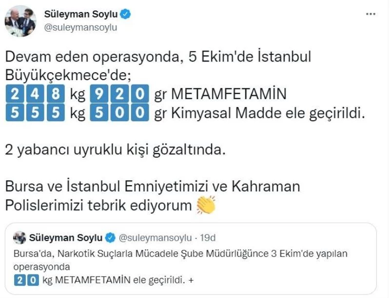 Bakan Soylu, iki farklı ilde yüklü miktarda uyuşturucu maddelerin ele geçirildiğini duyurdu
