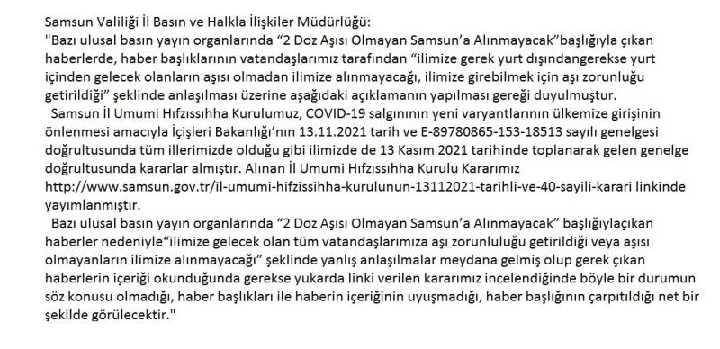 Samsun Valiliği’nden “2 doz aşısı olmayan Samsun’a alınmayacak” haberine açıklama
