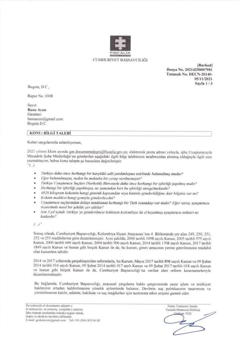 Emniyet Genel Müdürlüğünden Kolombiya’da ele geçirilen kokain ile ilgili açıklama
