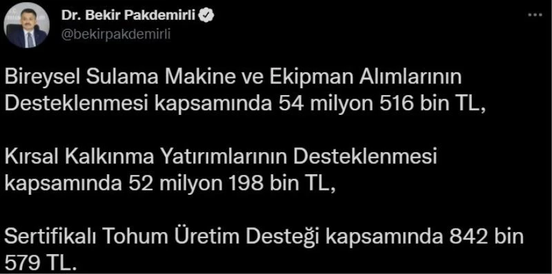 Bakan Pakdemirli: “107 milyon 557 bin liralık destek ödemesi hesaplara aktarılmaya başlandı”
