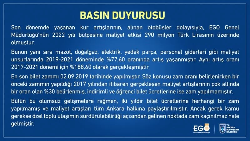 EGO’dan toplu taşıma biletlerine zam

