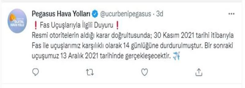 Pegasus, Fas uçuşlarını 14 gün süreyle durdurdu
