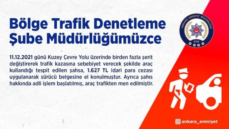 Trafikte birden fazla şerit değiştiren sürücüye bin 627 TL ceza
