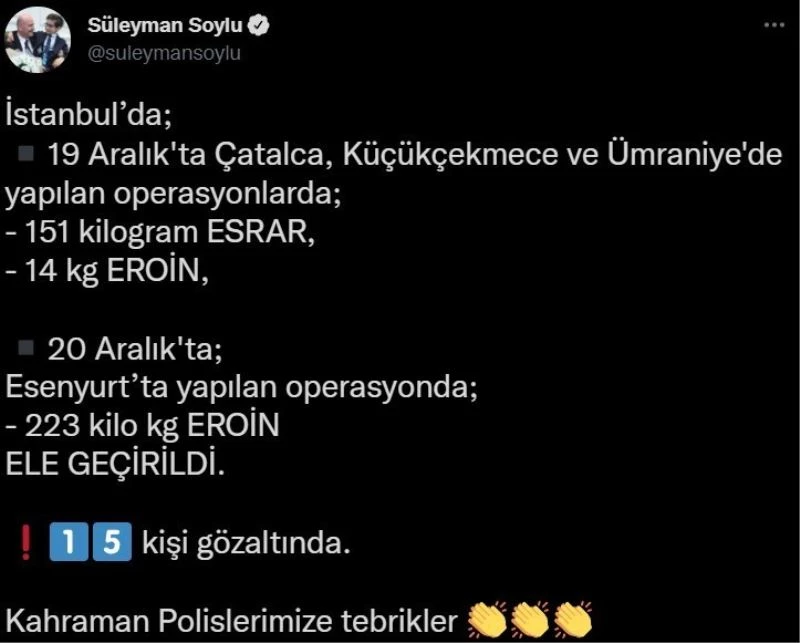 Bakan Soylu: “İstanbul’da 151 kilogram esrar ve 237 kilogram eroin yakalayan kahraman polislerimizi tebrik ediyorum”
