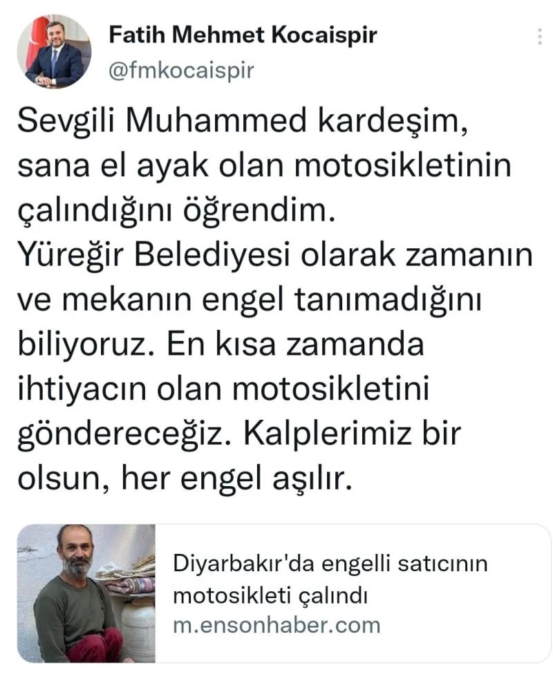 Motosikleti çalınan engelliye Adana’dan müjde
