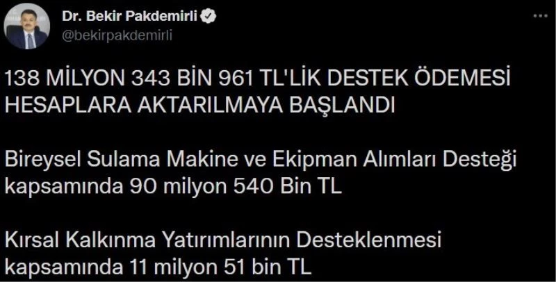 Bakan Pakdemirli: “138 milyon 343 bin liralık destek ödemesi hesaplara aktarılmaya başlandı”
