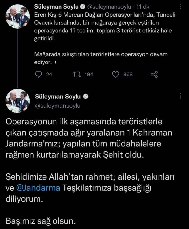 Bakan Soylu: “Ovacık kırsalında, bir mağaraya gerçekleştirilen operasyonda 1’i teslim, toplam 3 terörist etkisiz hale getirildi”
