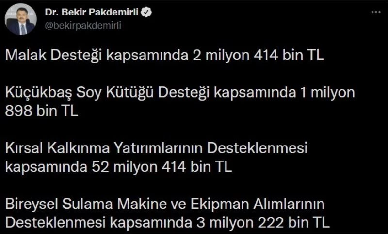 Bakan Pakdemirli, 5 farklı kalemde 486 milyon liralık desteğin 10 Aralık’ta yatırılacağını duyurdu
