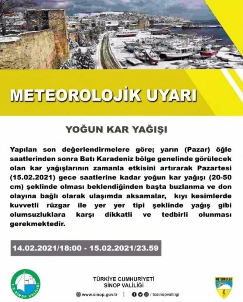 Sinop Valiliği uyardı: Kar yarım metreyi bulabilir

