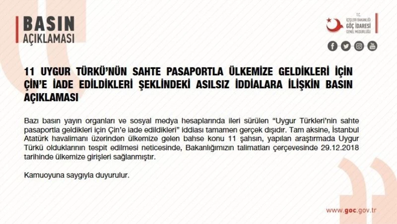 Göç İdaresi Genel Müdürlüğü’nden, Uygur Türkleri’nin Çin’e iadesi yönündeki iddialara yalanlama

