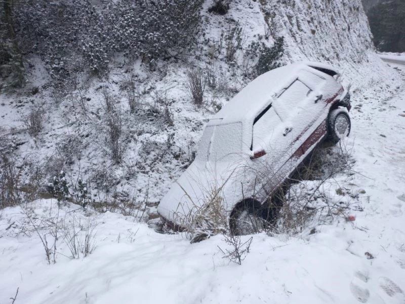 Buzlanan yolda rampayı hızlı çıkmak isterken şarampole uçtu
